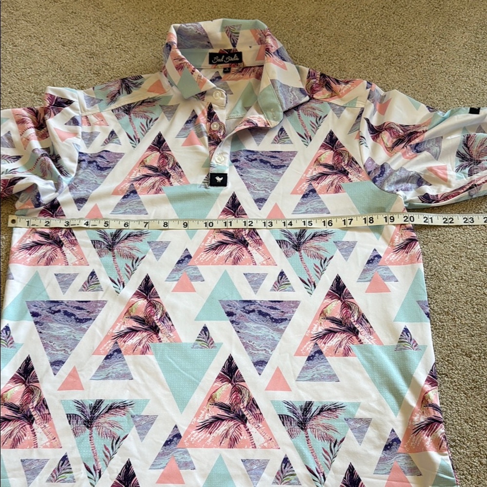 Bad Birdie Pink and Blue Polo Shirt with Modern Geometric Design - Picture 7 of 7